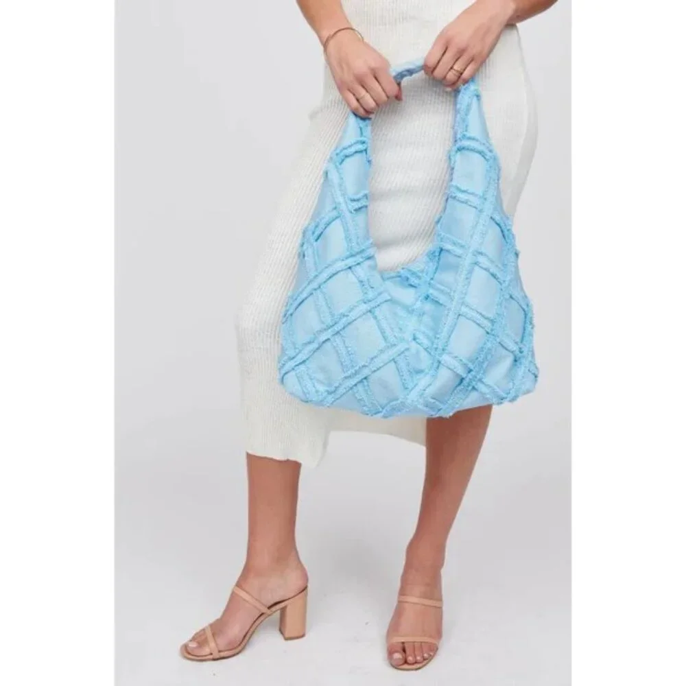 Urban Expressions Barbuda Cotton Fringe Hobo Handbag- Baby/Sky Blue